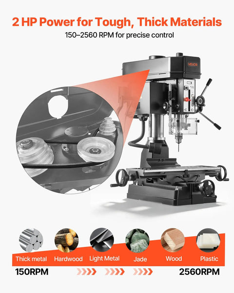 Smooth Running Benchtop Mill Drill Press With Kickass 2 HP Motor And 15.875 Inch Swing Range 150 To 2560 RPM Adjustable Speed showcasing motor specs for metal and wood.