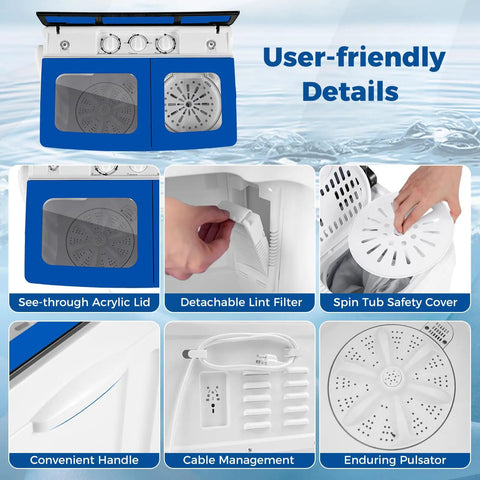 Straight Up The Best Portable Twin Tub Washing Machine With Built In Drain Pump 20 Lbs Compact Laundry Spinner user-friendly features including acrylic lid and lint filter.