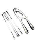 Stainless Steel Nutcracker Seafood Sheller With Dual Diameter Crushing Cones and seafood forks on white background