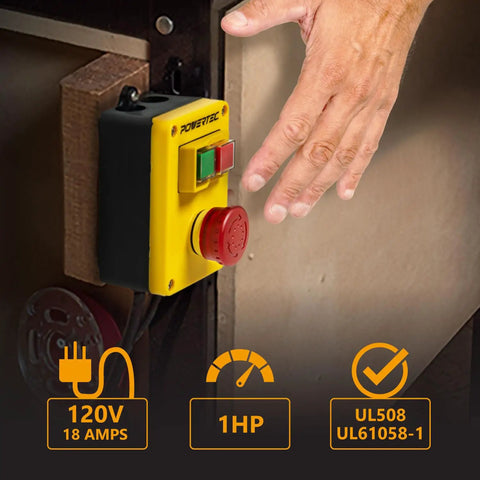 Magnetic Safety Switch With Emergency Stop For Table Saws Routers Drill Presses And Band Saws 120V 18A mounted on bench