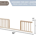 Mia Toddler Rail For Convertible Crib In Natural Wood Safe Transition Guardrail, dimensions marked, easy assembly instructions 