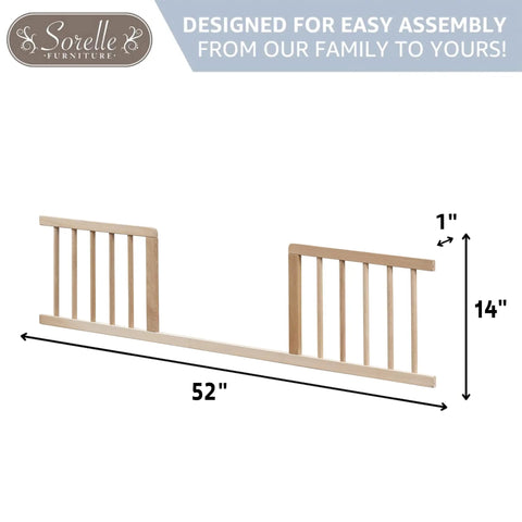 Mia Toddler Rail For Convertible Crib In Natural Wood Safe Transition Guardrail, dimensions marked, easy assembly instructions 