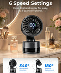 Compact USB Desk And Wall Mount Fan With Suction Cup Base And Digital LED Display Six Speeds Quiet Oscillating Motion on vanity