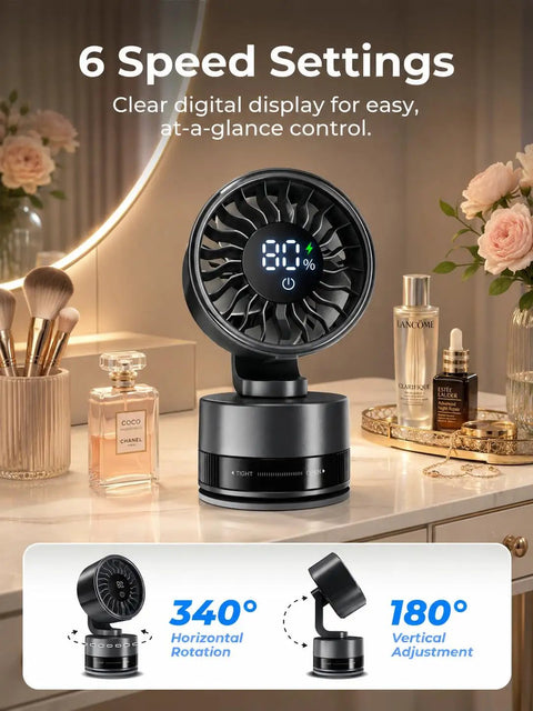 Compact USB Desk And Wall Mount Fan With Suction Cup Base And Digital LED Display Six Speeds Quiet Oscillating Motion on vanity