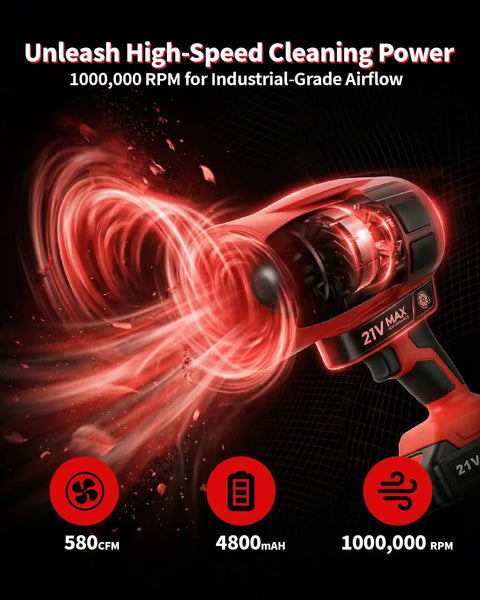 21V Cordless Leaf Blower, Ultra Lightweight Handheld Turbo Jet with 1,000,000 RPM, shown in red with airflow illustration.