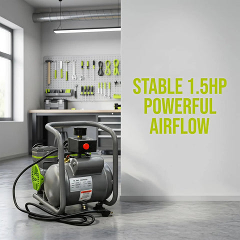 Powerful 1.5HP Oil-Free Portable Air Compressor With Two Gallon Tank Great For Tire Inflation And Garage Projects Quiet Operation Makes It Perfect For Home DIY Tasks And Workshop Use On A Standard 110V Outlet For Easy Setup And Reliable Performance Every