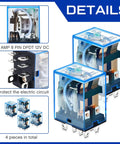 Close-up of Four Pack DC 12V General Purpose Relays, 8 Pin DPDT Electromagnetic Power Relay, 10A, Plug In Design.