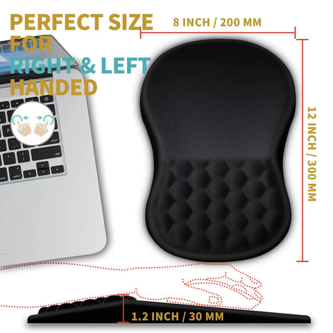 Ergonomic Mouse Pad With Wrist Support And Massage Design For Pain Relief Memory Foam Cushion Non Slip PU Base Desk Pad For Wireless Mouse 12 By 8 Inch Black next to a laptop, size dimensions shown.
