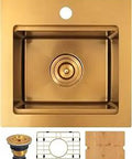 Gold Undermount Bar Sink 15 Inch Square, 15 X 15 X 9 Inch, 16 Gauge SUS304 Stainless Steel Single Bowl Kitchen Sink For RV, Outdoor, And Laundry, Beefy Build, Built To Last, Easy Clean Finish With Standard 3.5 Inch Drain Opening, shown with accessories