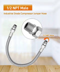 Heavy Duty Air Compressor Jumper Hose With Two One Half Inch NPT Male Ends, 23 Inch Long, 450 PSI Rating And 750 Degree Fahrenheit Heat Resistance