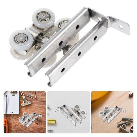 Heavy Duty Stainless Steel Sliding Door Pulleys With Smooth As Butter Bearings For Barn Door Wheels And Closet Track System showing metal components and bearing wheels.