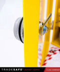 Close-up of yellow Lockout Tagout Cabinet, side view, industrial grade 19 gauge steel with durable shackle holders, no devices included.