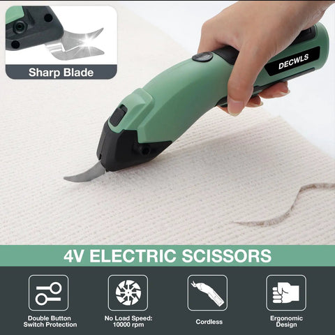 Lightweight Cordless 4V Electric Shears That Slice Fabric And Cardboard Like Butter being used on thick fabric for precise cutting.