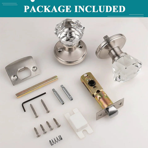 6 Pack Slick Crystal Passage Door Knobs With Faceted Diamond Glass, Satin Nickel Rosette, Non Locking Interior Door Hardware