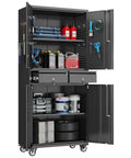 Heavy Duty Metal Garage Cabinet With Dual Drawers And Precision Glide Locking Casters Hella Rugged Rolling Tool Chest showcasing organized tools, shelves, and storage.