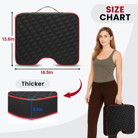 Extra Thick 2.5 Inch Stadium Seat Cushions With Massage Dots, Portable bleacher cushion size chart next to person holding one