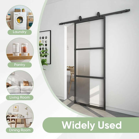 Frosted Glass Sliding Barn Door With Black Carbon Steel Frame 36In By 96In Soft Close Mechanism in living room setting