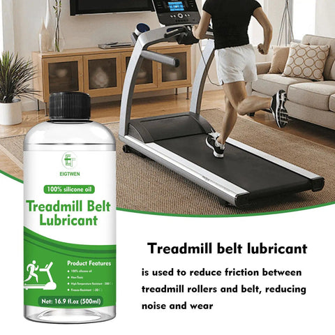 Silicone Treadmill Lubricant 500ml bottle with treadmill in use reducing friction and noise for smooth belt ride