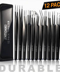 Grab And Go All In One 12 Pack Precision Tweezers Set With Case for Electronics Repair, Craft, Jewelry, Soldering