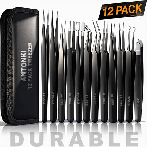 Grab And Go All In One 12 Pack Precision Tweezers Set With Case for Electronics Repair, Craft, Jewelry, Soldering