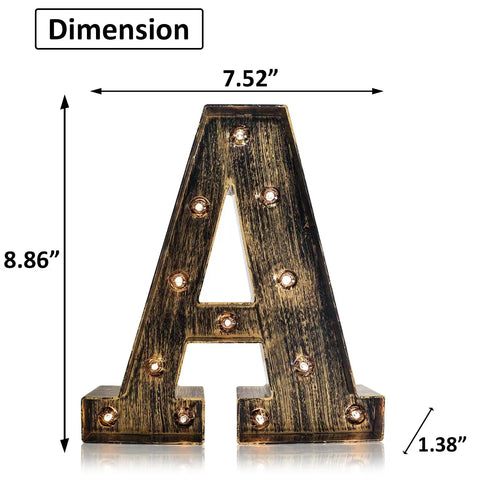 Super Sweet Vintage Industrial Led Marquee Letter A Totally Lit Alphabet Wall Sign For Home Bar Cafe Wedding Birthday Party Decor Battery Powered Rustic Room Accent dimensions shown 8.86 inches tall 7.52 inches wide 1.38 inches deep.