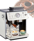 Top Grade Stainless Steel Espresso Machine With Built In Burr Grinder And Rapid Milk Frother Wand Includes 90 Oz Pull Out Water Tank for brewing espresso and lattes.