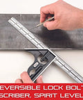 Person using Pro Grade 12 Inch Steel Combo Square With Square Head, Forged Hardened Steel, Reversible Lock Bolt, Scriber, 4R Graduation.