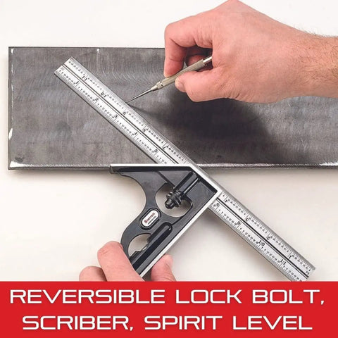 Person using Pro Grade 12 Inch Steel Combo Square With Square Head, Forged Hardened Steel, Reversible Lock Bolt, Scriber, 4R Graduation.