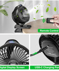 Clip On Fan With 8000mAh USB C Rechargeable Battery showing remote control, USB-C port, and digital display screen.