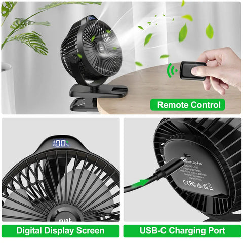 Clip On Fan With 8000mAh USB C Rechargeable Battery showing remote control, USB-C port, and digital display screen.