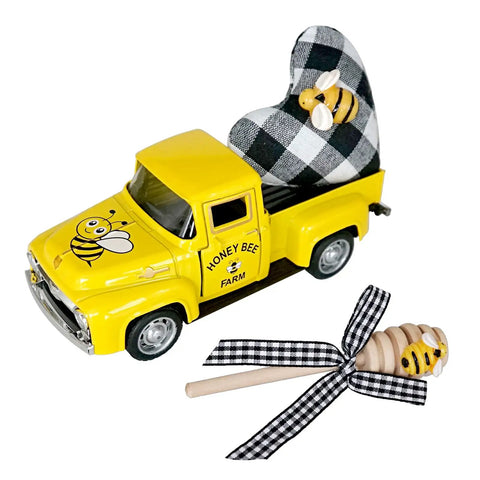 Mini Honey Yellow Chevy Truck Decor With Buffalo Check Heart For Bee Themed Farmhouse Tables Tiered Trays Risers And Shelves Vintage Metal Pickup Truck Art For Spring And Summer Home Decor