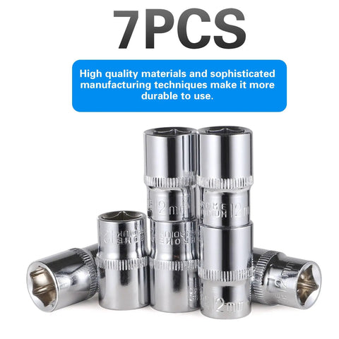 7-Piece 12mm Shallow Socket Set For Three-Eighths Inch Drive, 6-Point, Corrosion Resistant, Radius Corner Design
