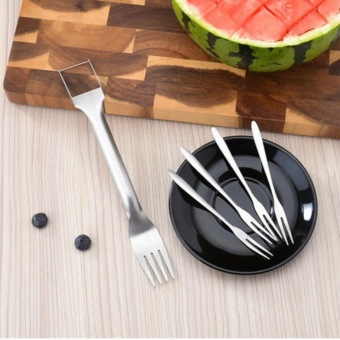 Two Pack Stainless Steel Watermelon Cutter Slicer Dual Head Kitchen Gadget near sliced watermelon on a cutting board