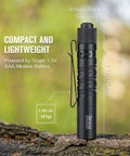 Compact AAA Powered EDC Flashlight For Camping And Hiking With Tail Switch 180 Lumens Beam, slim design on forest background.