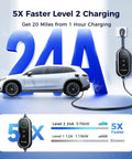Level 2 EV Charging Station For Home With Adjustable 24 Amp Juice, 25 FT Braided Cable, showing 5x faster charging.