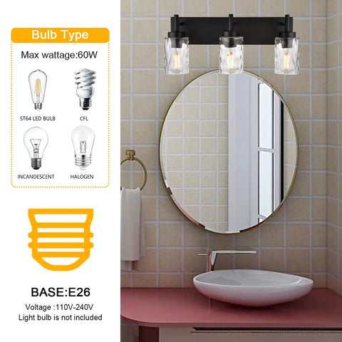 Three Light Modern Vanity Wall Sconce In Black With Hammered Glass Shades for dope bathroom lighting above mirror