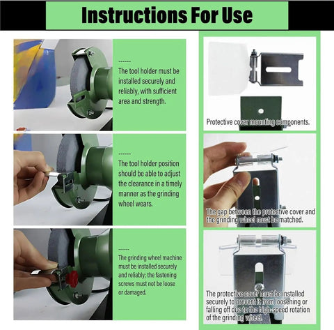 Instructions for use of Compact Dual Wheel Bench Grinder With Electric Knife Sharpening Station and Safe Eye Shields.