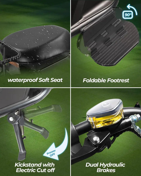 Heavy Duty Hill Crushing Electric Golf Cart For Adults With 2000W Brushless Motor And 60V Battery Extended Range showing waterproof soft seat, foldable footrest, hydraulic brakes.