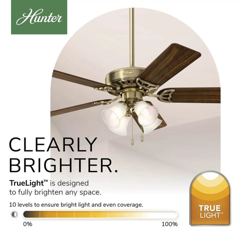 52 Inch Indoor Ceiling Fan With LED Lights In Antique Brass Quiet Operation, Pull Chain, Standard Mount, Five Blades