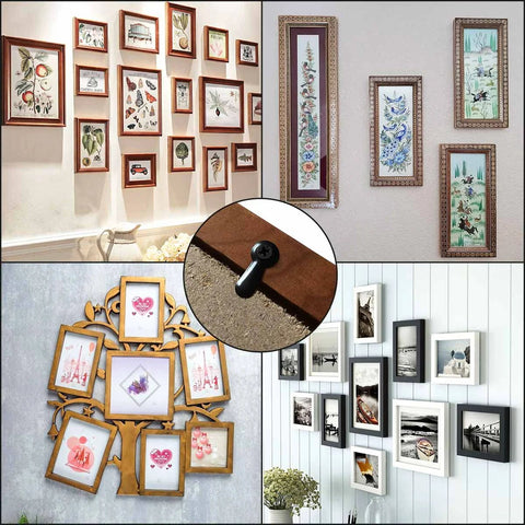 160-piece metal picture frame set with screws and turn-button fasteners, shown as a front-view collage with hanging hardware