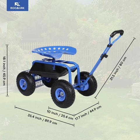 Rolling Garden Work Seat With Wheels For Easy Yard Tasks, 360 Degree Swivel Stool With Steering Handle And Tool Tray