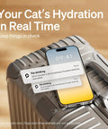 Smart Cat Water Fountain With App Monitoring And Stainless Steel Tray, 2.5L Automatic Water Dispenser shown on smartphone display