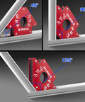Spurtar welding magnets, red 75 lb, shown at 45°, 90°, and 135° angles on a metal frame