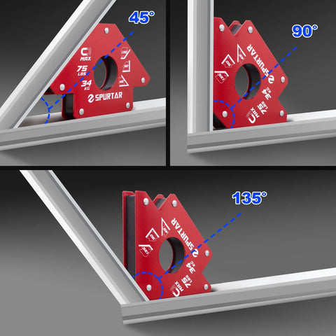 Spurtar welding magnets, red 75 lb, shown at 45°, 90°, and 135° angles on a metal frame