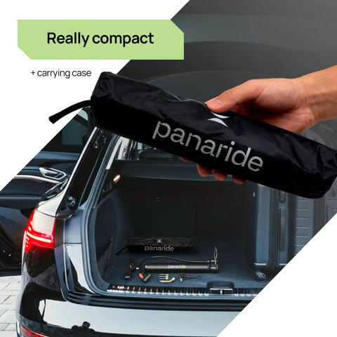 Versatile Handheld Bike Pump With Dual Presta And Schrader Valves For Road And Mountain Bikes stored in car trunk