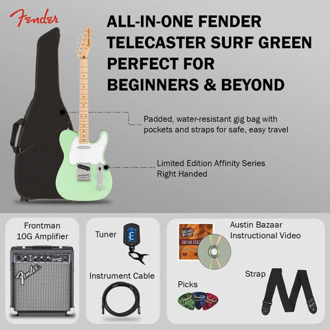 Fender Surf Green Telecaster, gig bag, amp, tuner, cable, strap, picks, DVD - Affinity Telecaster Surf Green Dope Gear Bundle With Frontman 10G Amp Gig Bag Tuner Instrument Cable Strap Picks And Instructional DVD Lightweight Player Friendly Electric Guitar Kit For Beginners And Pros.