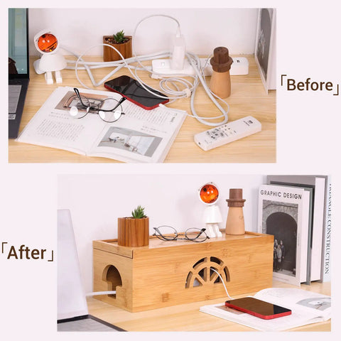 Before and after using Extra Large Bamboo Cable Management Box With Lid For Cords And Power Strips Or Surge Protectors on desk.