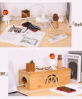 Two Piece Bamboo Cable Organizer Box Set Large And Small Hide Wires And Power Strips Under Desk Or TV Stand Cord Management Box For Home And Office with Before and After comparison showing clutter-free setup