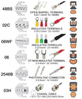 Ratcheting Crimping Tool Kit Pro Grade With Six Interchangeable Dies for varied terminals and connectors, detail chart visible