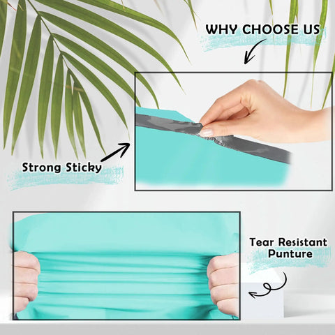 Teal Poly Mailers 6 By 9 Inches Self Seal Waterproof Shipping Envelopes Bulk Pack Of 200 shown with strong adhesive strip and tear resistance